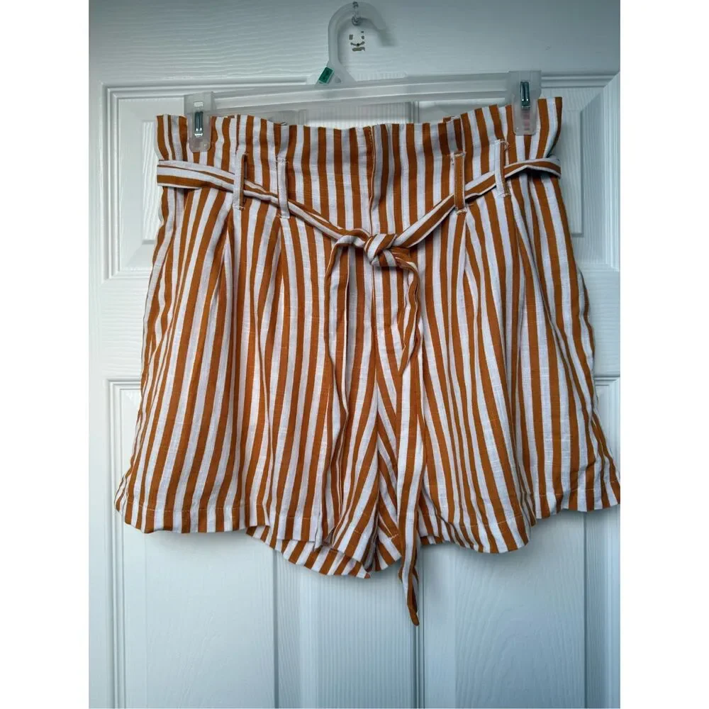 Blue Rain Shorts Medium Women's Orange White Linen Blend High Rise Stripes